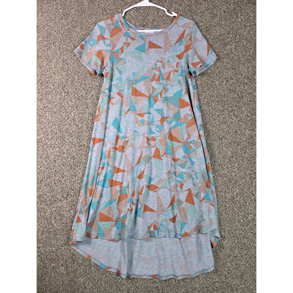 LuLaRoe Carly Dress Womens XS Gray Geometric High-Low Short Sleeve Pocket Swing